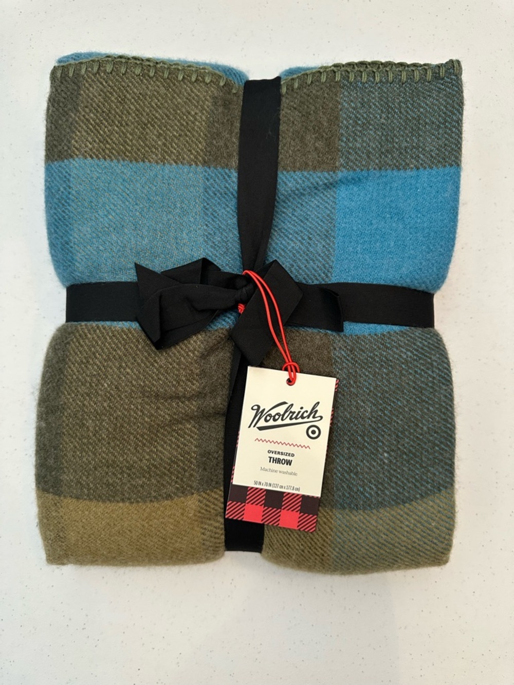 Woolrich Blue and Olive Plaid Oversized Throw Blanket
